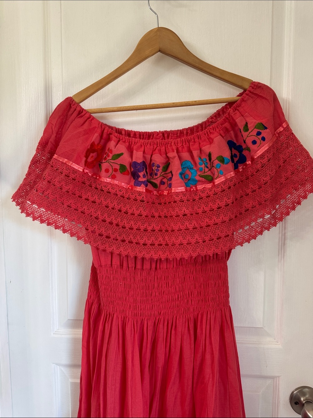 Mexican Coral Embroidered Off-Shoulder Dress - Picture 5 of 8